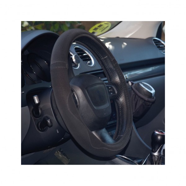 Funda de Volante Transpirable tipo Polipiel, con efecto Piel Girada en Negro, Universal para Volnates 37-39cm diametro