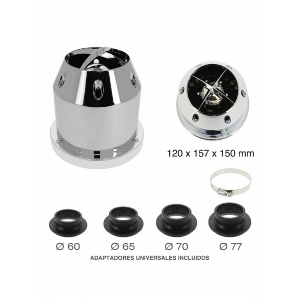 Filtro de Aire Universal para Coche Incluye 4 Adaptadores 60mm 65mm 70mm 77mm Color Cromado